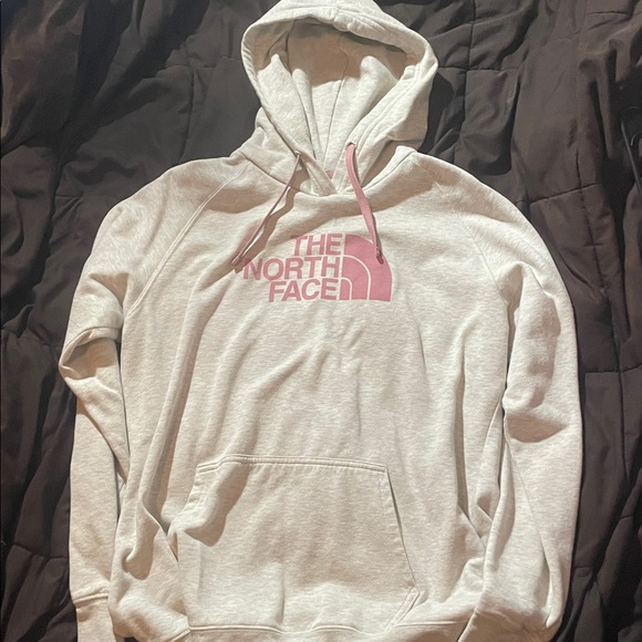 The North Face Light Gray Hoodie with Pink Logo - Picture 1 of 2